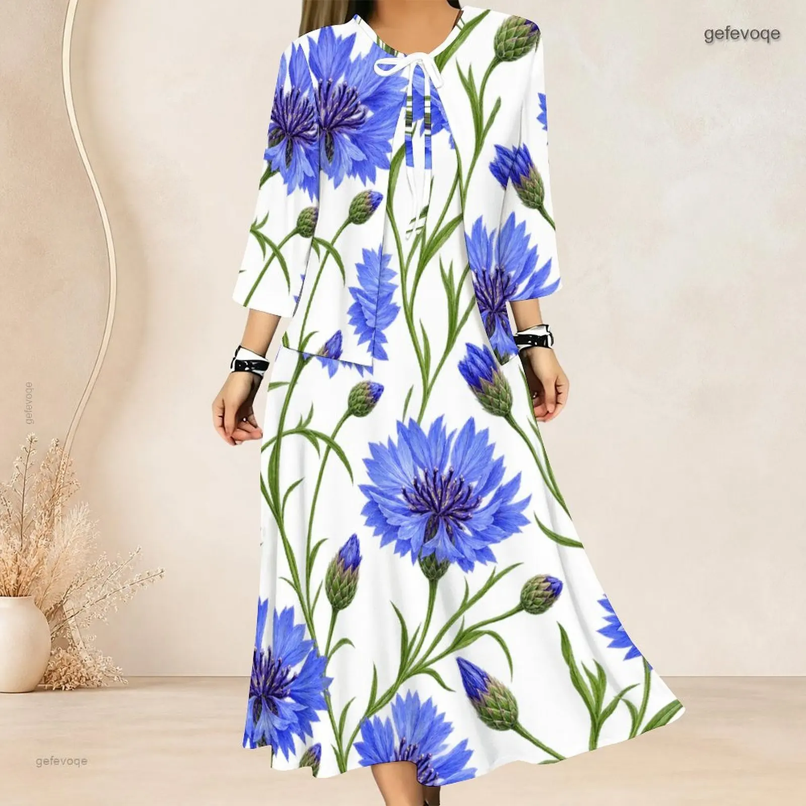 Women Printed Blue Cornflower Floral 3/4 Sleeve Two Piece Long Dress Set
