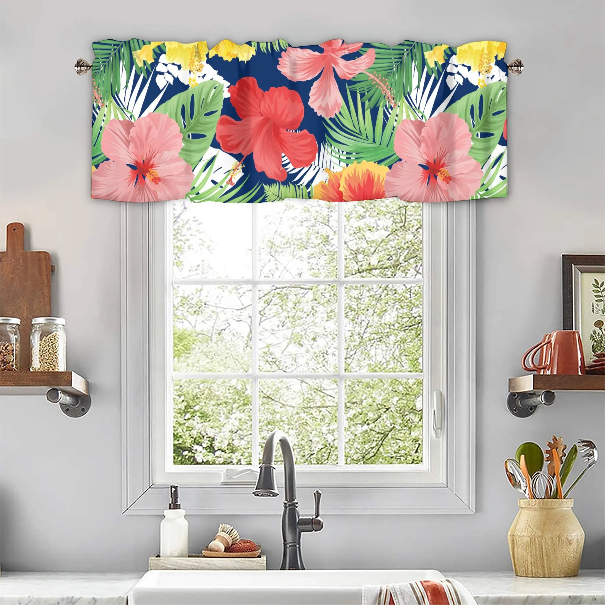 Valances for Windows, Bright Colorful Flowers Semi Sheer Valances Windows Curtain, Short Window Treatment Light Filtering Decor