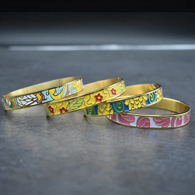 Luxury Colorful Enamel Bangles Flower Bracelets for Women Party Gift Fashion Bangles Original Stainless Steel Jewelry