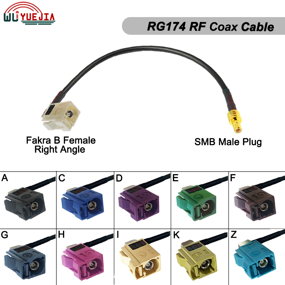 50 ohm RG174 Cable SMB Male Plug to Fakra A/B/C/D/E/F/G/H/I/K/Z Female Jack 90-Degree Right Angle Connector RF Coaxial Cable