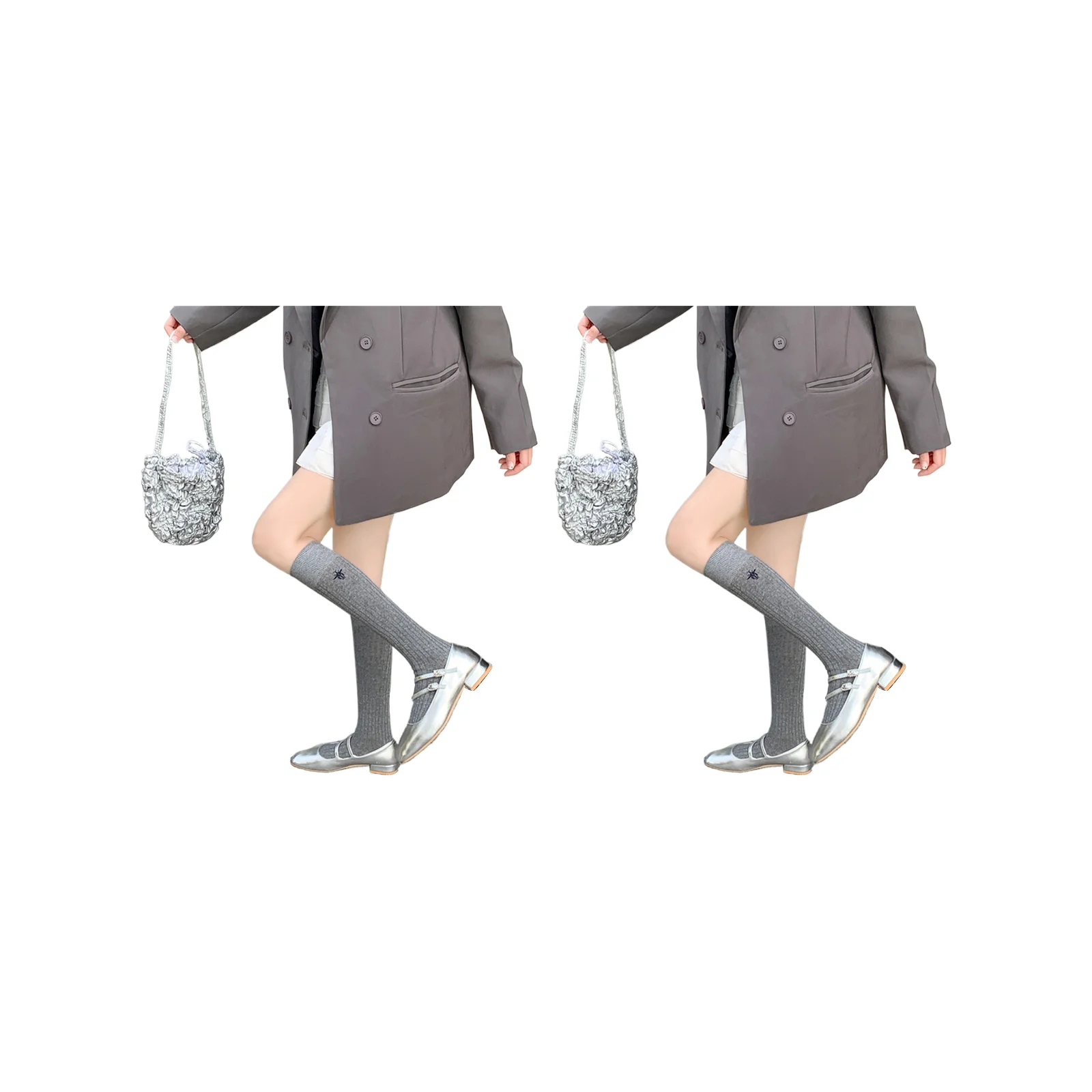 Embroidered vertical striped double-needle mid-calf socks set (grey/black/white calf + mid-calf 5 pairs combination)