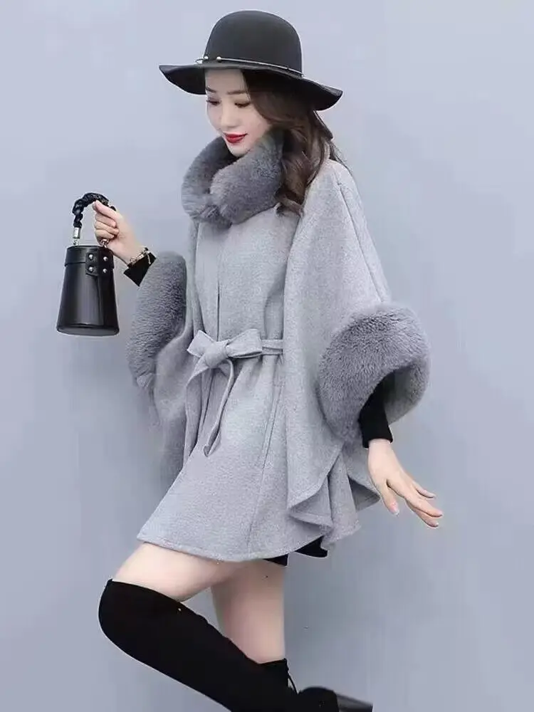 Autumn Winter New Imitation Otter Rabbit Fur Collar Knitted High-grade Imitation Wool Coat Poncho Lady Capes Pink Cloaks