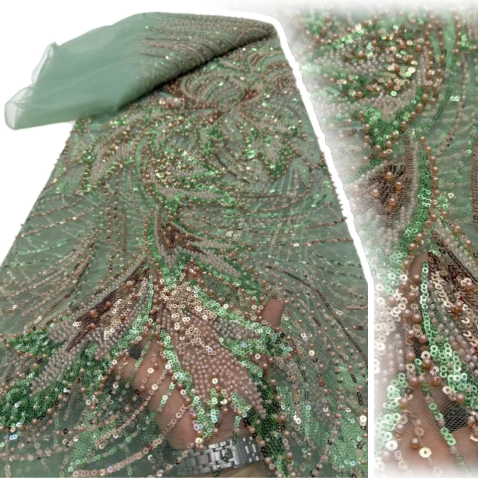 

High Quality Nigerian Beaded Lace Fabric 5 Yards End African Sequins Embroidery Tulle Lace For Wedding Party Dress Sewing 2719