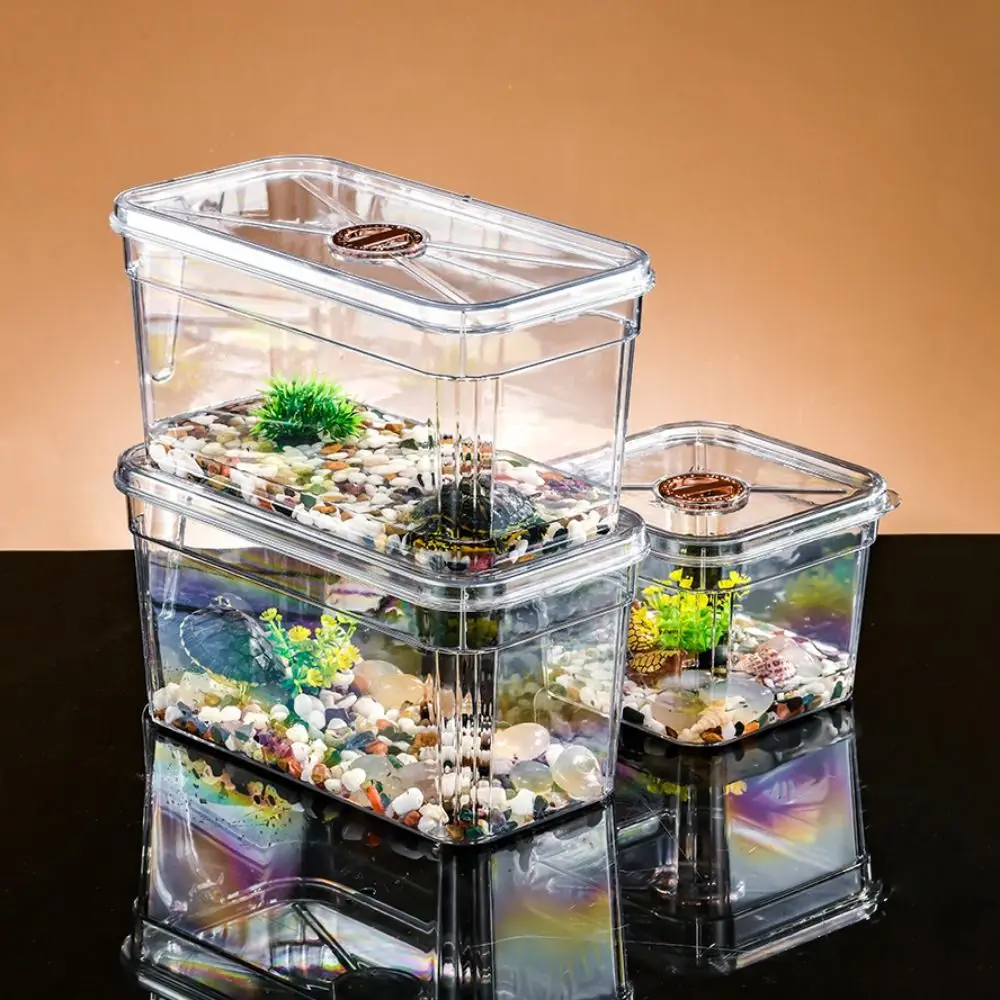 Square/Rectangle Desktop Goldfish Bowl Broken Resistant Dustproof Betta Bowl with Lid and Handle Transparent Plastic Fish Tank