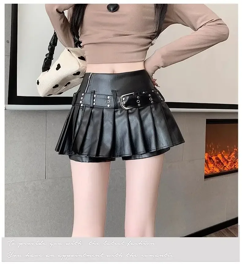 Schwarzer Retro PU-Lederrock für Damen Herbst Neu Hochgeschnittener A-Linien Plisseerock – Detail 6