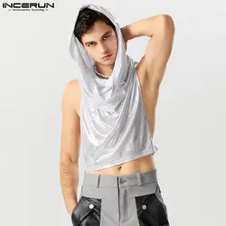 INCERUN Men Tank Tops Sparkling Hooded V Neck Sleeveless Irregular Vests Streetwear 2023 Solid Party Fashion Men Crop Tops S-5XL