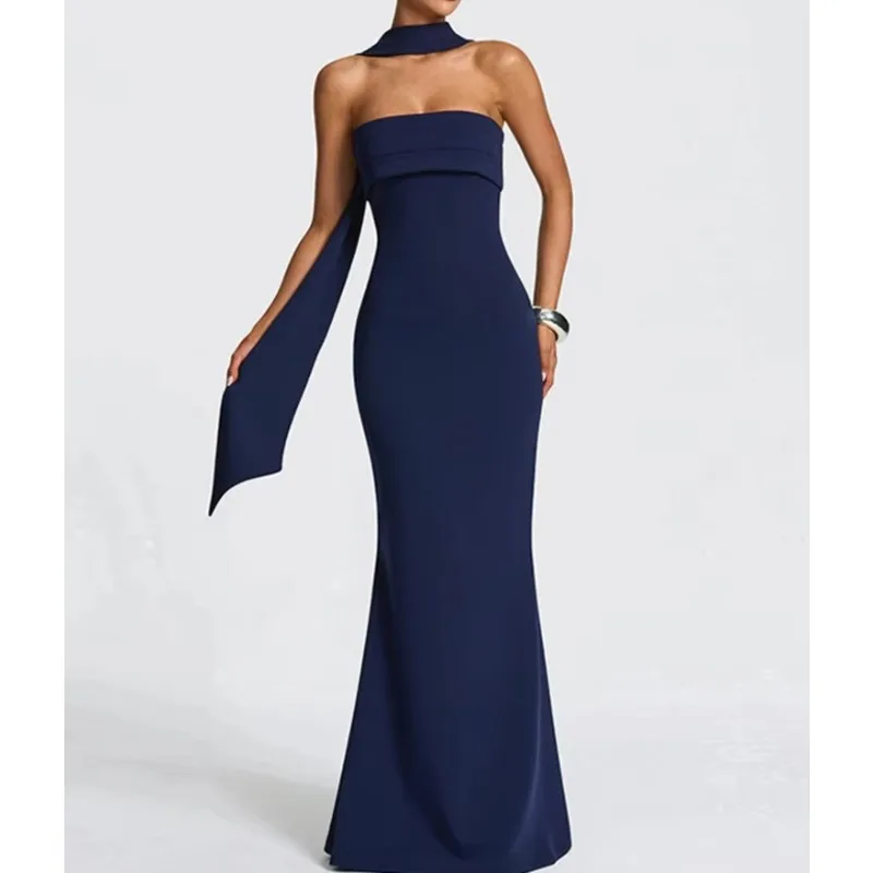 Off-shoulder Strapless Sexy Maxi Dress Women Gown Scarf Collar Sleeveless Backless Bodycon Club Party Evening Dresses