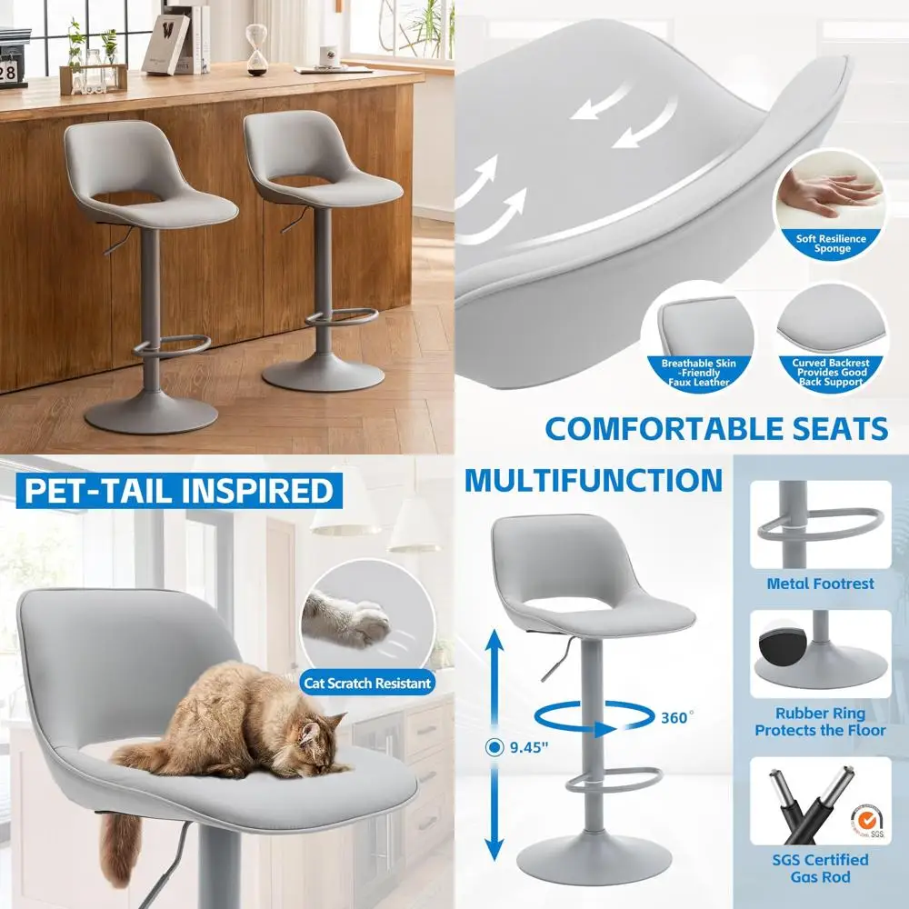 

Pair of Grey Swivel Adjustable Counter Height Bar Stools with Faux Leather Seats