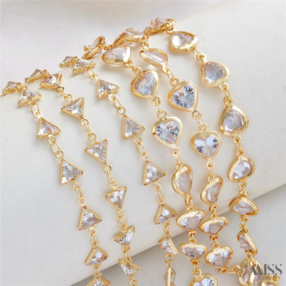 14K Gold Inlaid Zircon Triangle Love Handmade Chain DIY Crystal Loose Chain Bracelet Necklace Accessories