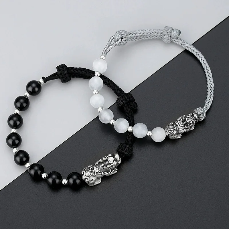 HESHI 999 Silver Pixiu Obsidian Bead Handmade Weaving Bracelet Adjustable Opening Copper Men Women