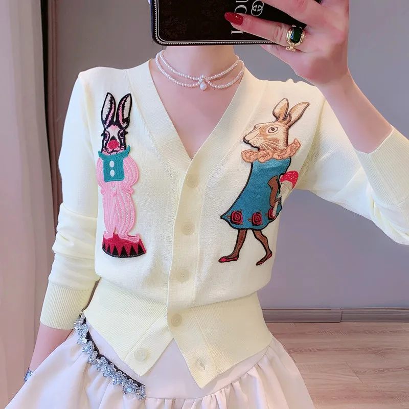 Cartoon Rabbit Embroidery Knitted Women\'s Sweater Cardigan Long Sleeve V-neck Tops Elegant Chic Fashion Ladies Jumpers Knitwear