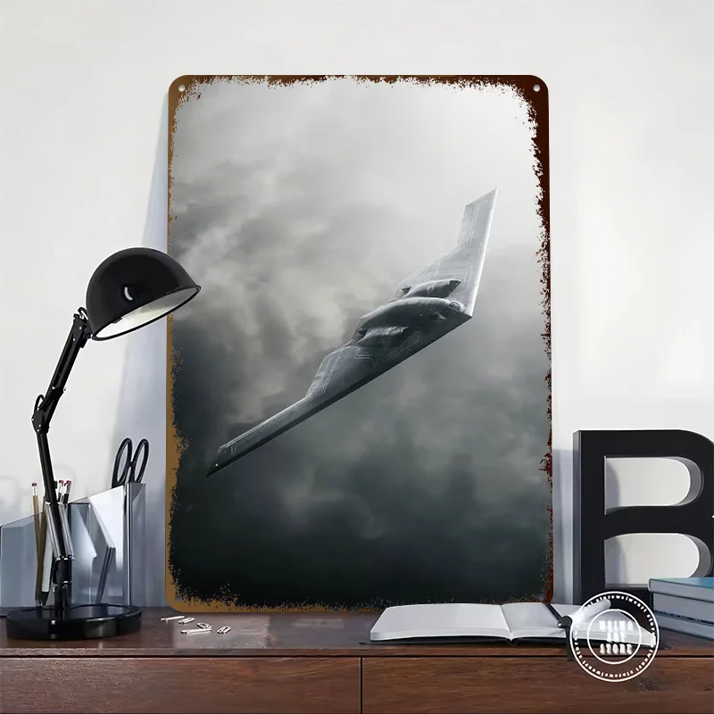 Stealth Bomber in Flight Tinplate Posters Customizable Wall Art Retro Vintage Metal Signs for Home Room Setup Decorations Garden