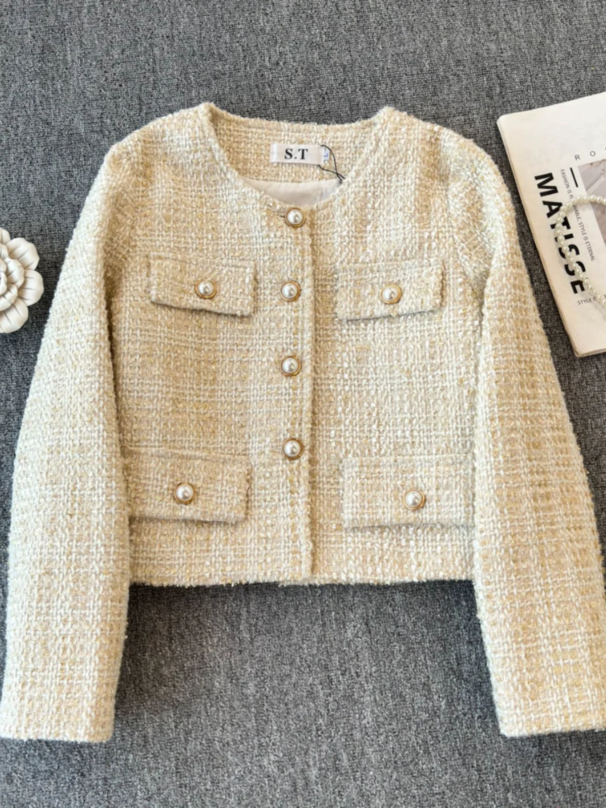  Style Short Coat Women's Fashion Autumn Winter Slim Fit Apricot Color Button up Long Sleeve round Neck Single Piece