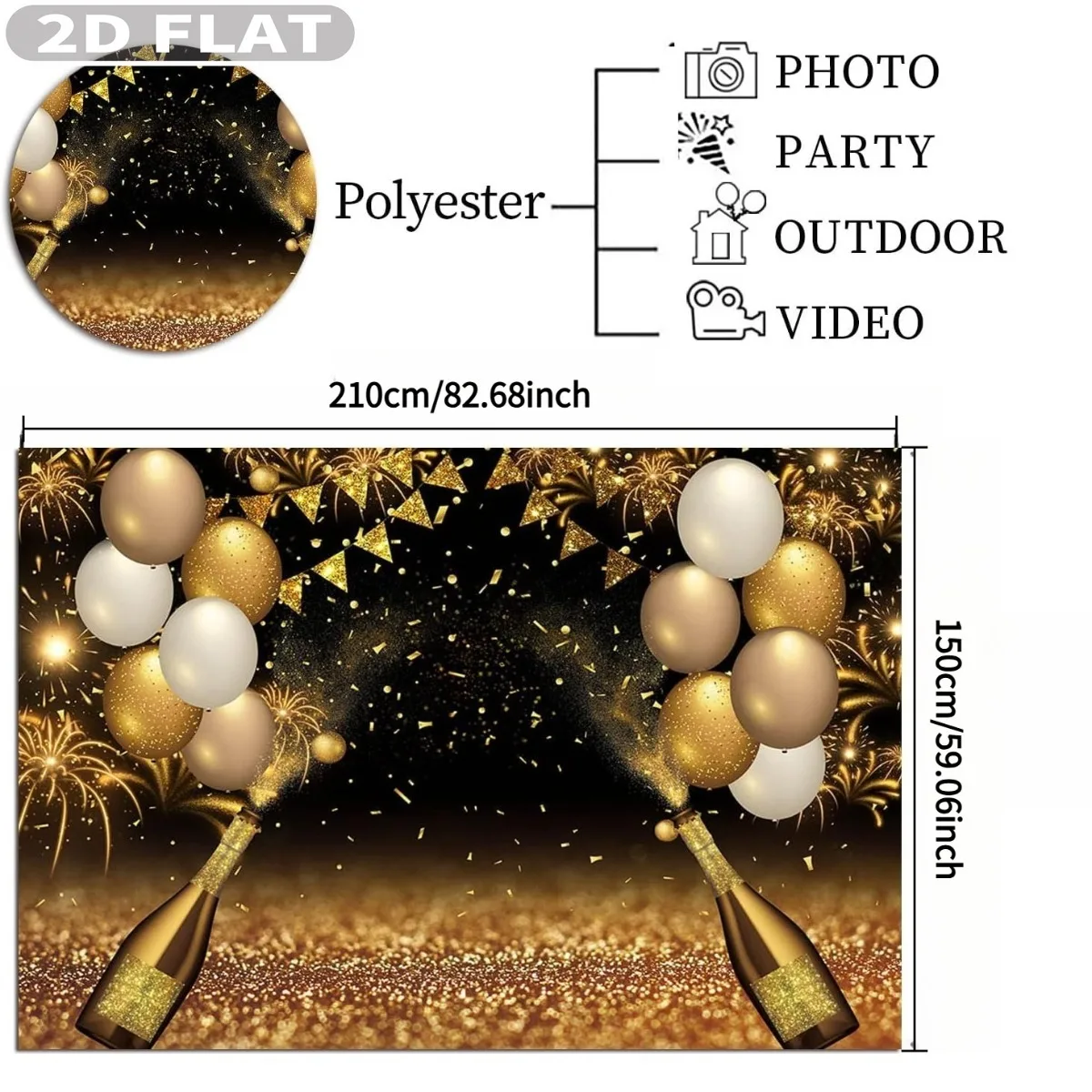 2D FLAT 1pc Black Golden Balloons Studio Props, Photo Background 7x5ft For Birthday Graduation Prom Party Term Begins Ceremony