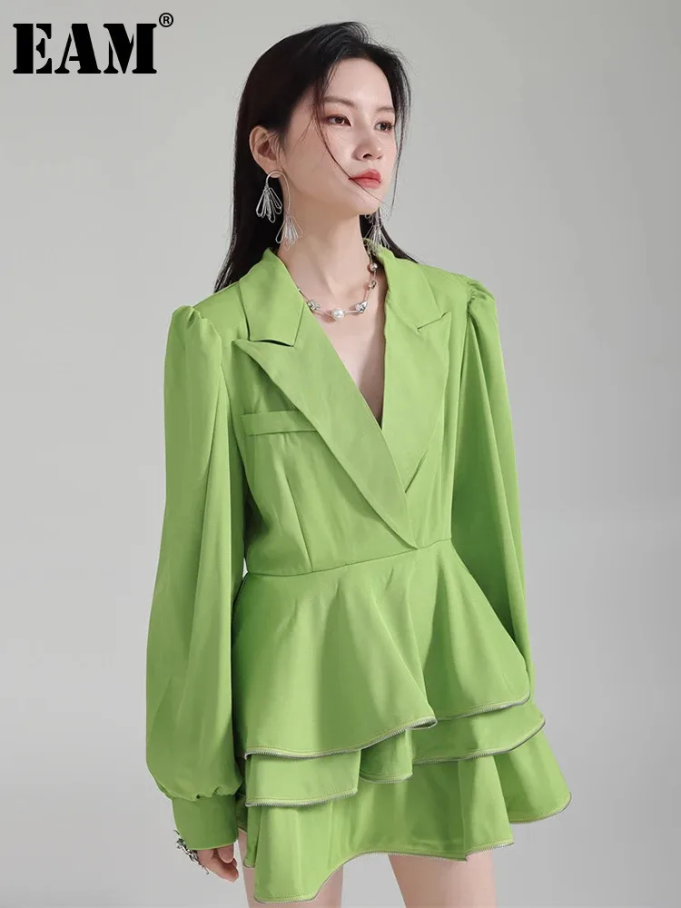 [EAM] Women Green Ruffles Elegant Mini Blazer Dress New Lapel Long Sleeve Loose Fit Fashion Tide Spring Autumn 2024 1DH2384