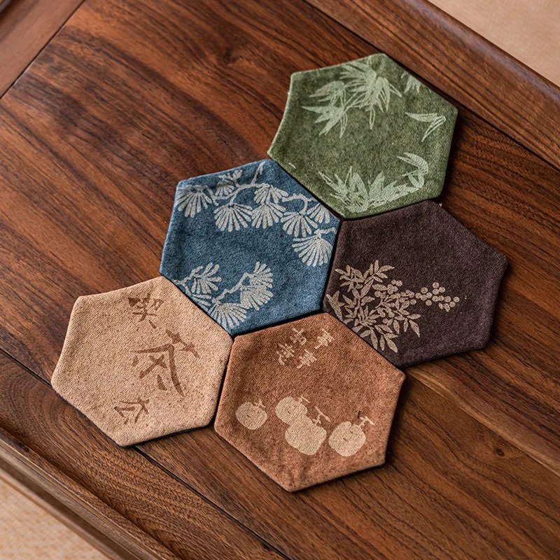 

Silk Brocade Hexagonal Teacup Coasters Chinese Zen-Inspired Heat-Resistant Fabric Mats Teapot Holders Tea Ceremony Accessories