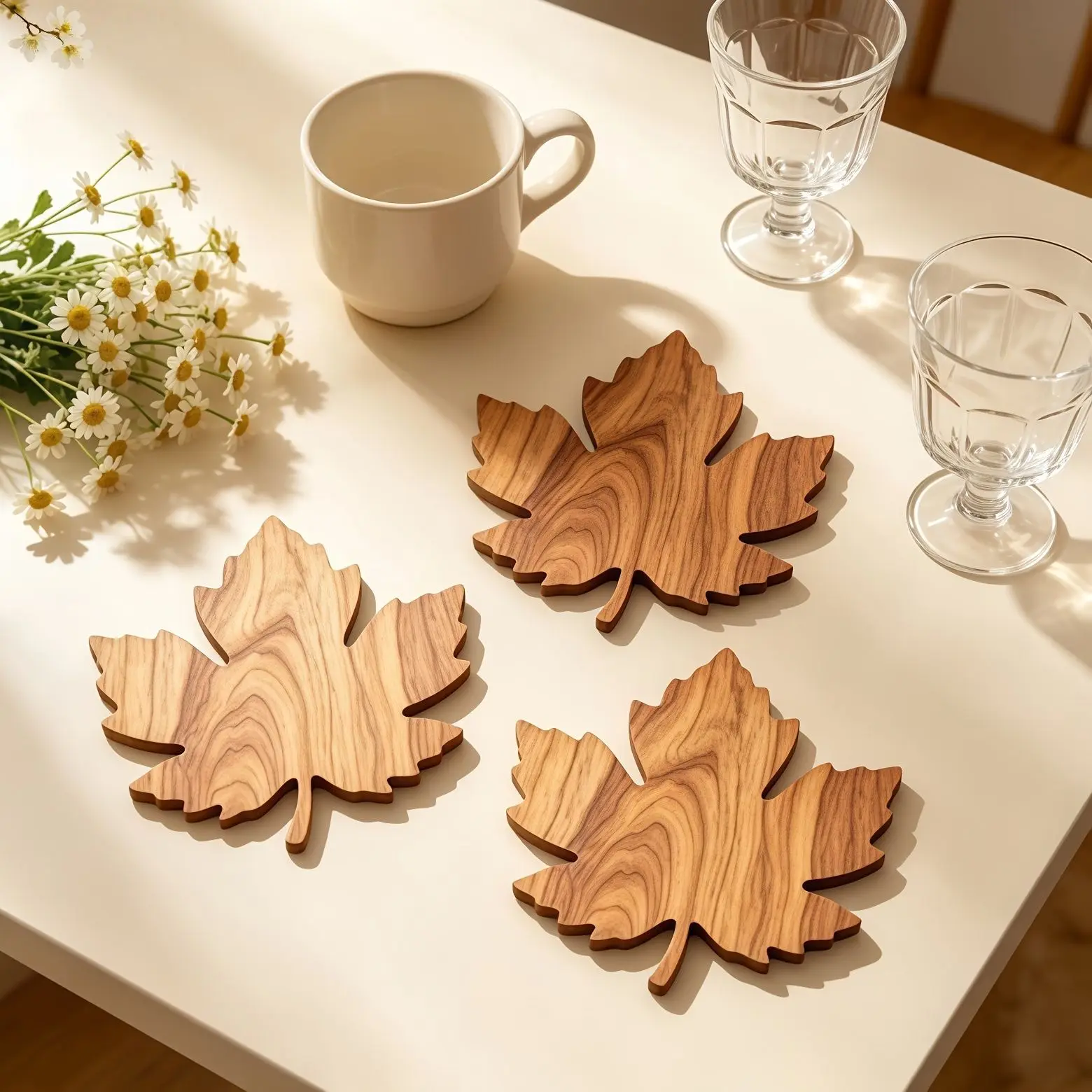 3 Pieces of 2D Brown Leaf Shaped Wooden Coasters Heat-resistant Furniture, Dining Table, Family Natural Style