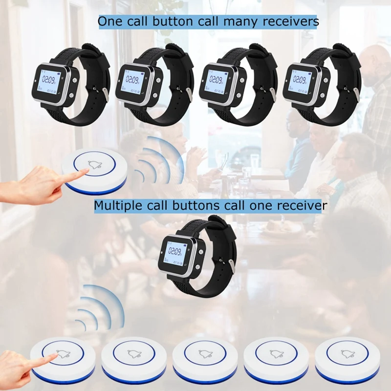 Sistema di chiamata wireless 5 Trasmettitori per pulsanti di chiamata da tavolo 1 cercapersone per orologio, cicalino per campanello per servizio cameriere ristorante