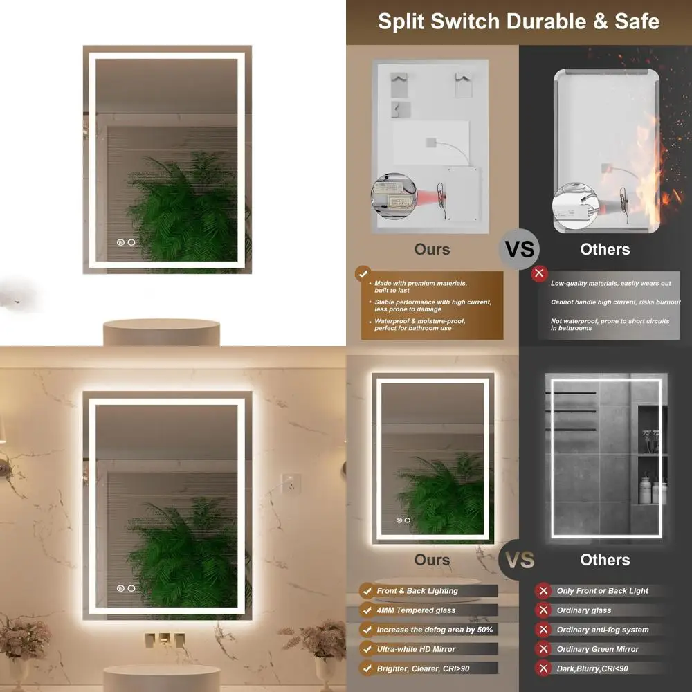 

24x36 Inch LED Bathroom Mirror with Front and Back Lighting, Anti-Fog, Shatterproof, Memory Function, 3 Color Options, Smart Ste