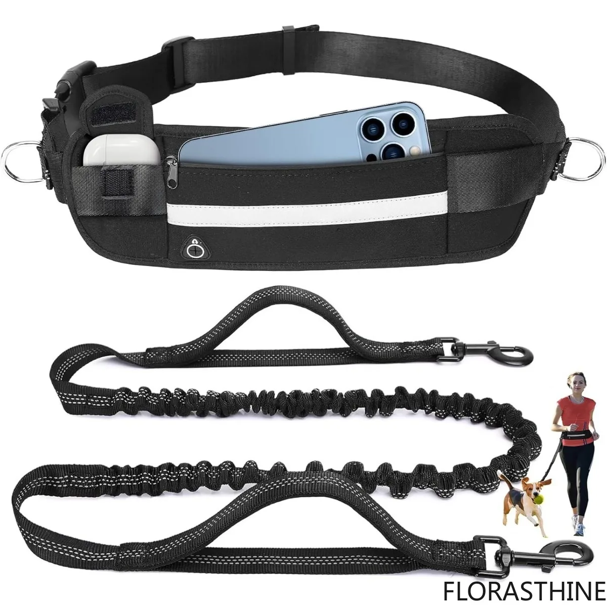 2in1 Hands Free Dog Leash Retractable Bungee Leash with Dual Padded Handle Waist Belt for Dogs Walking Running Jogging Training