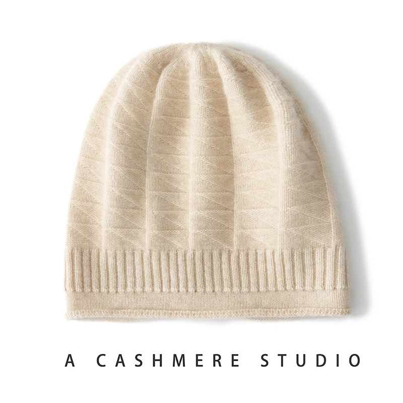 THYFGT Winter New 100% Pure Cashmere Hat Women's Curled Edge Stacking Hat Solid Color Warm and Versatile Knitted Hat