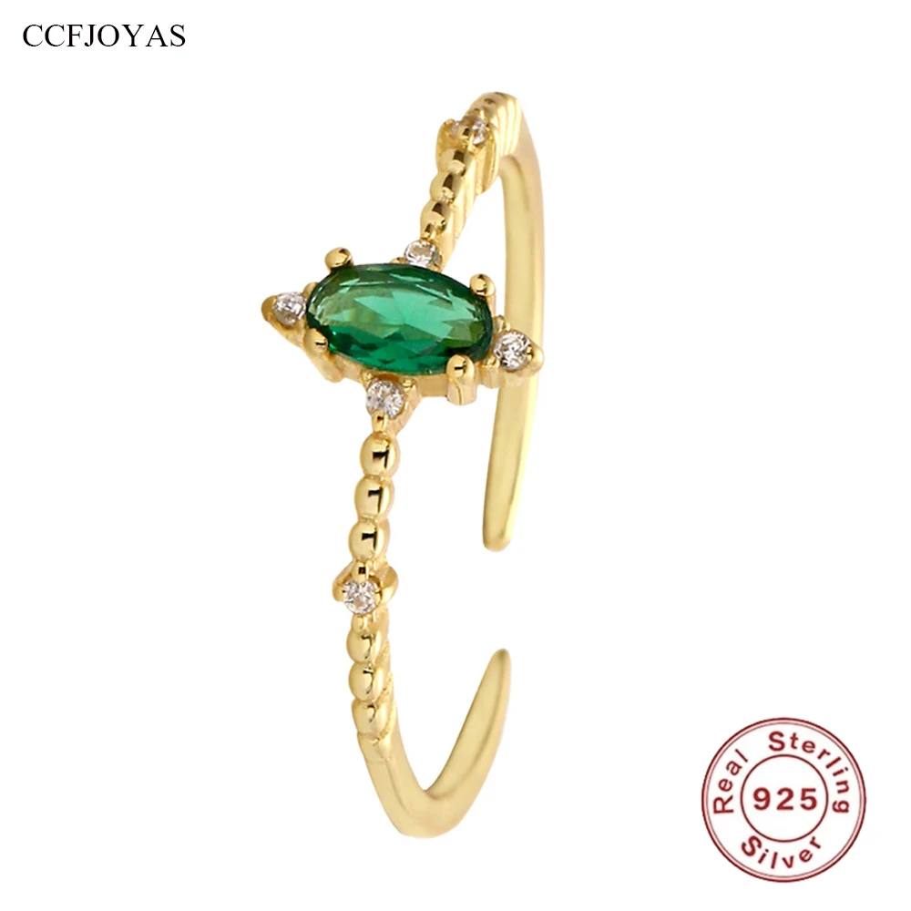 

CCFJOYAS 100% S925 Sterling Silver Oval Emerald Zircon Open Rings for Women Light Luxury Stackable Finger Ring Fine Jewelry