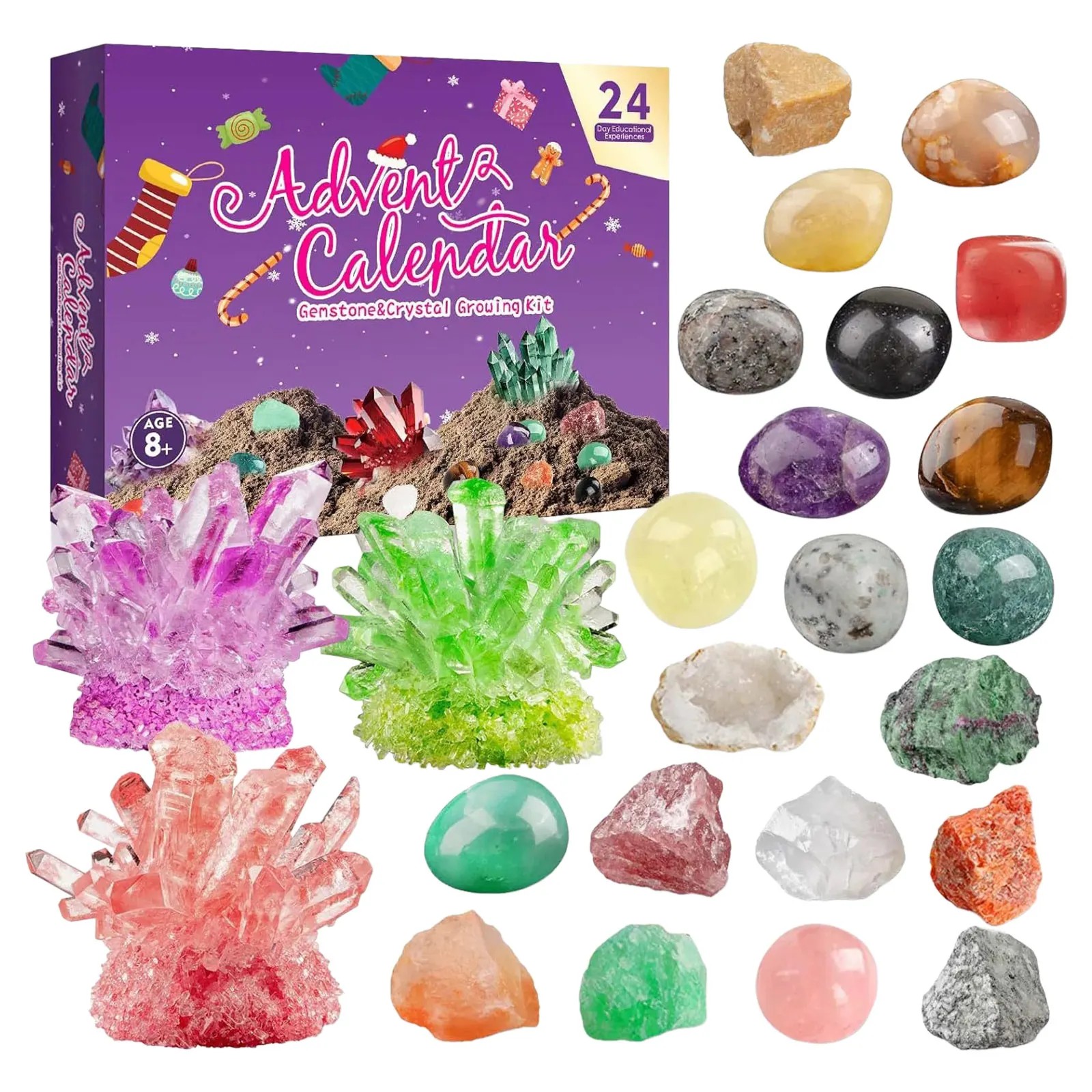 Minuterie pour salle de classe, calendrier de l'avent en cristal 2025, pour enfants, 24 pierres précieuses et pierres naturelles, calendrier de l'avent avec horloge à tir