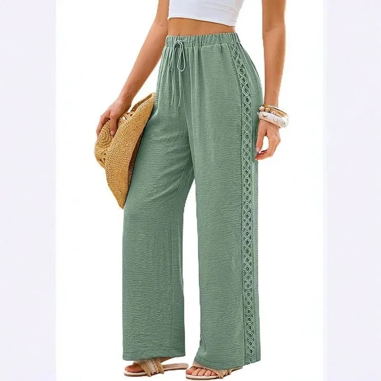 

Casual Pants Loose Fit Elastic Waist Drawstring Trousers Crinkle Fabric Solid Color Wide Leg Pants Lace Trim Lightweight Pants