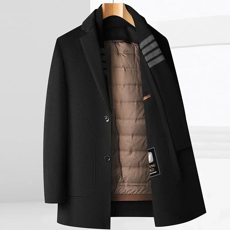 

Woolen coat men's wool autumn and winter mid-length plus velvet thickened coat windbreaker goose down lining removable