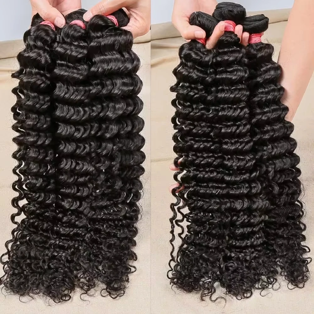 

Бразильские глубокие волны Remy, 100% человеческие волосы, необработанные плетения, вьющиеся пучки волос, натуральное плетение, 30, 32 дюйма, наращивание, двойной уток