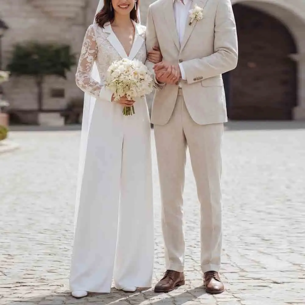 Customized White Lace Jumpsuit Wedding Dress V Neck Long Sleeve Bride Outfit Blazer Collar Wide Leg Outfit for Civil Wedding