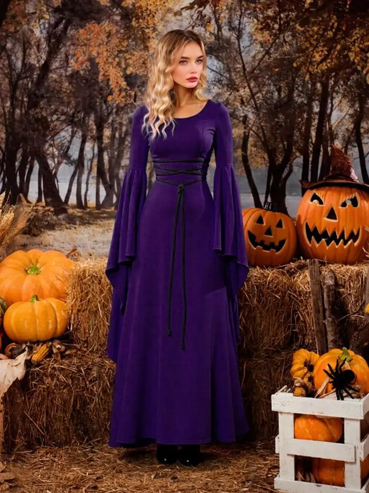 Robe de sorcière pour femmes, Costume d'halloween Renaissance avec manches longues cloche pour fête Cosplay en Polyester Halloween