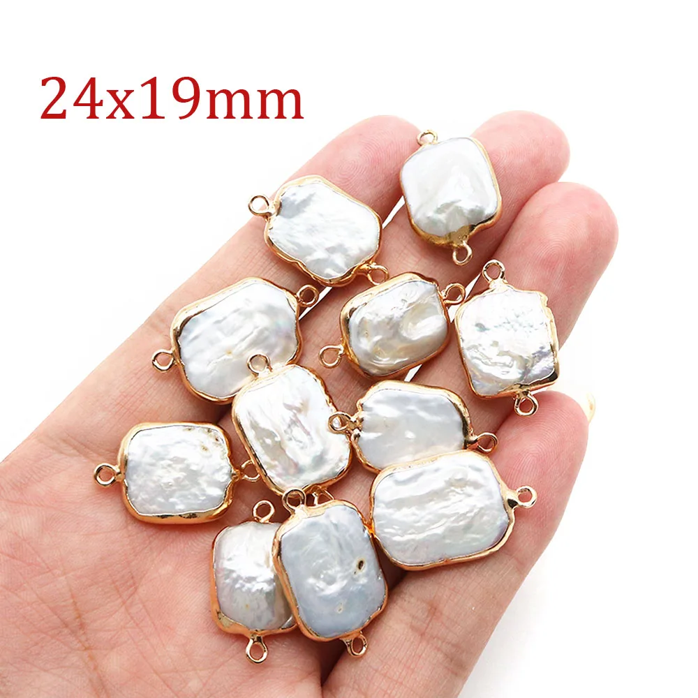 1pc 24x19mm Square Gold Color Wrapped Baroque Pearl Dual Hole Connector Charm for Jewelry Making DIY Necklace Bracelet Accessory