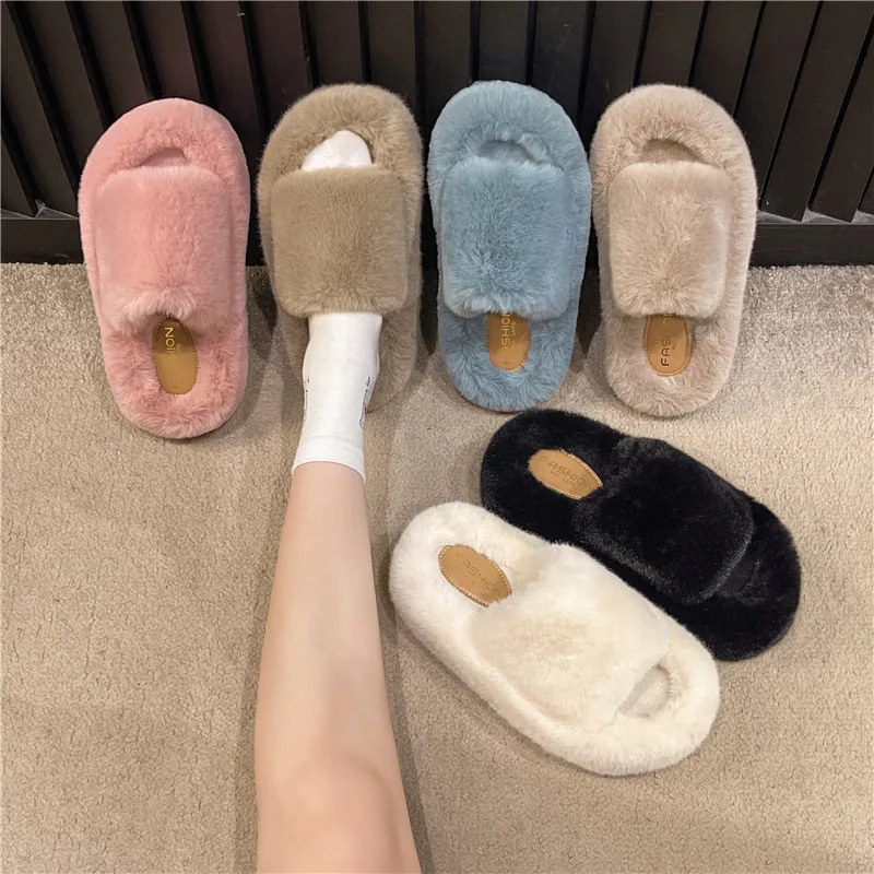 Med Female Shoes Home Slippers Women's Platform Slides Flock Fashion 2024 Massage Luxury Flat Horsehair PU Short Plush PVC Fretw