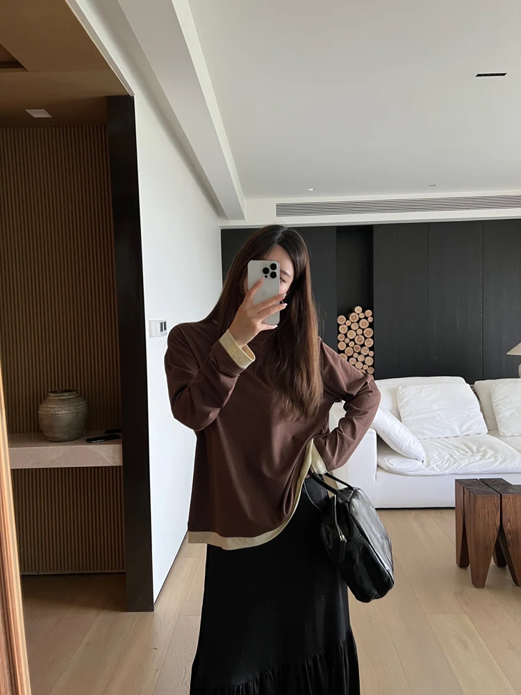 

Loose round Ne Long Sve T-irt Women Casual Versatile Lazy Sle Fake Two-Piece Spring Autumn Top by Icyangstore