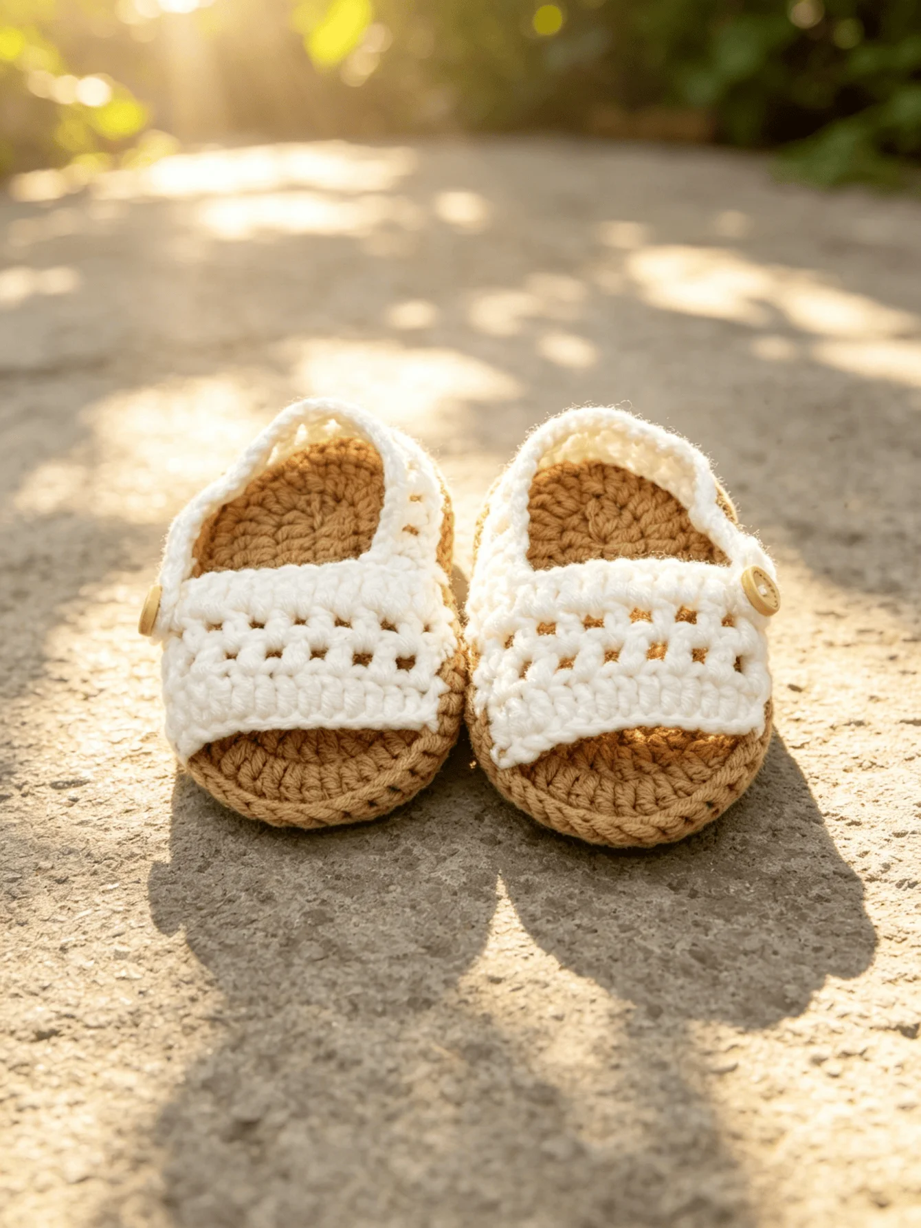 1 Pair Handmade Crochet Baby Sandals, Tan and White, Button Closure, Infant Booties