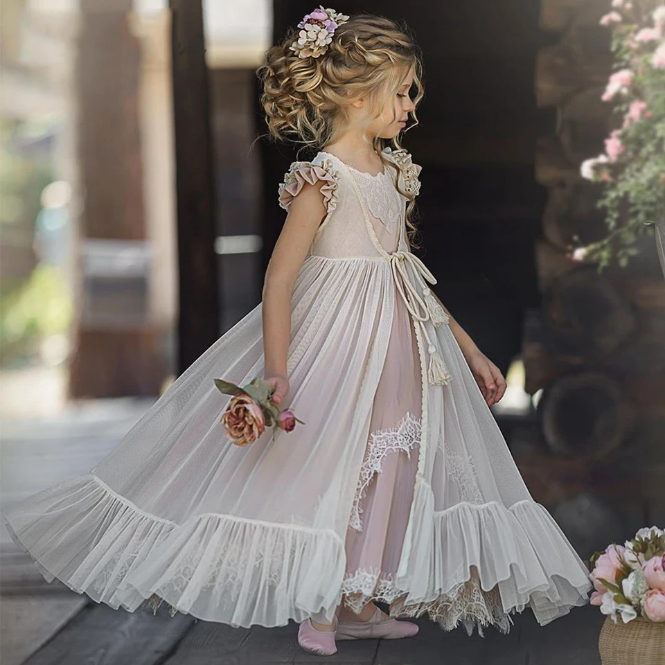 2022 Vintage Pink Flower Girl Dress Lace Two Pieces Princess Birthday Wedding Party Girl Dresses Cute Kid Vestidos De Novia