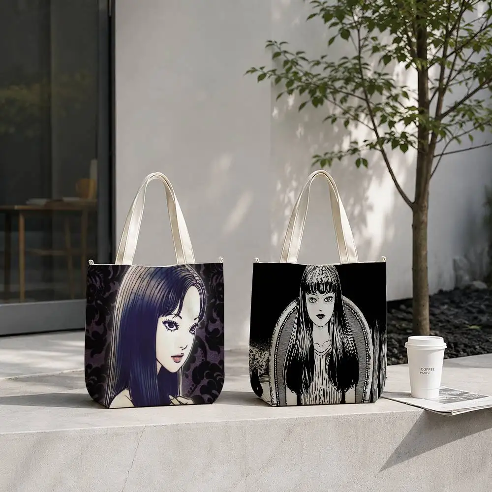 T-Tomie Junji Ito Tote Bag for Women Reusable Shopping Tote Bag Zippered Shoulder Bags Print