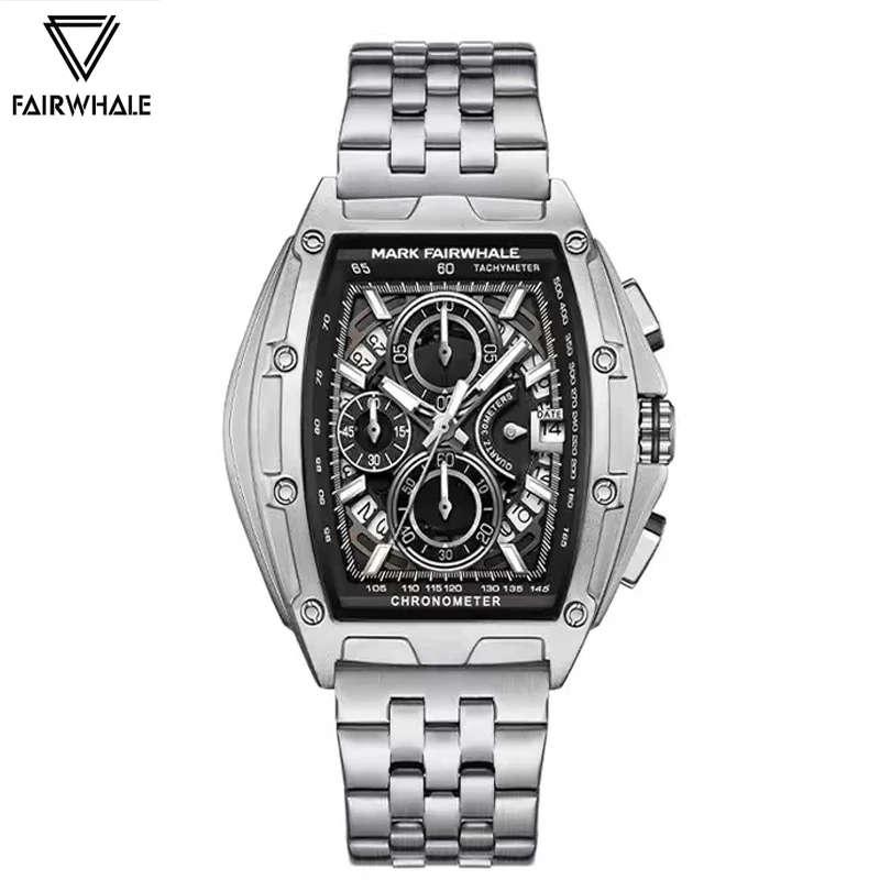 

Fashion Brands Mark Fairwhal Mens Watches Multifunction Tonneau Clocks Stainless Steel Waterproof Quartz Business Men Wristwatch