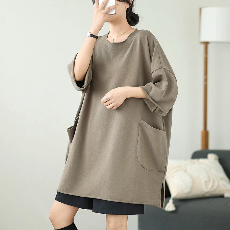 เสื้อยืดผู้หญิงทรงหลวม แขนสั้น ผ้าคอตตอนผสม ใส่สบาย ซ่อนสะโพก ไซส์ใหญ่ สำหรับฤดูร้อน