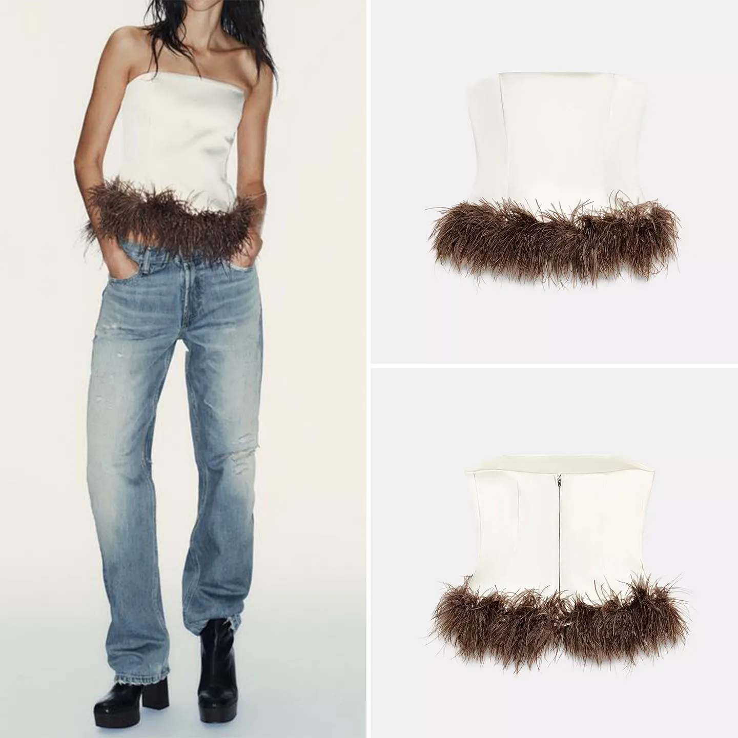 

Z Women's Zipper Sle Feather Trim ter Top Simple Design Faionable New Arrival ort Length Color Winter 2025