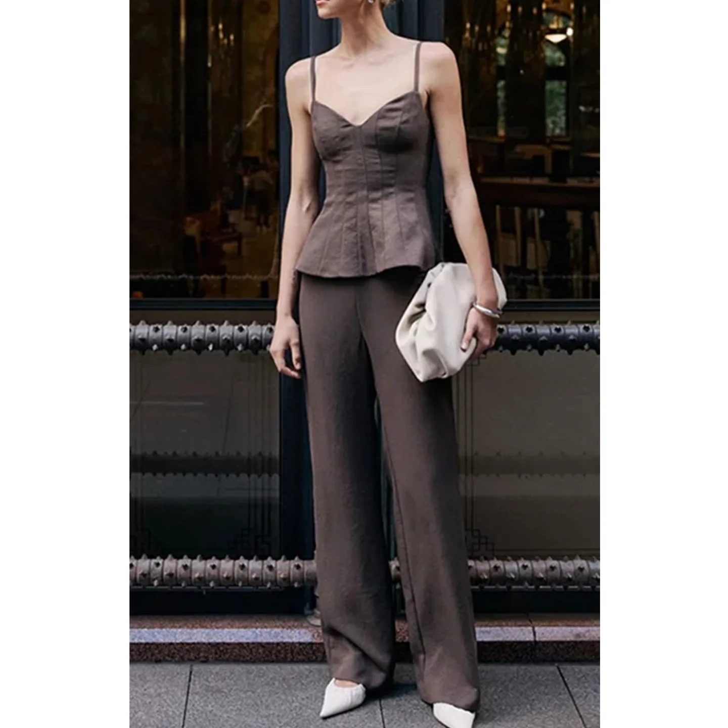 Setelan Fashion Dua Potong Wanita Musim Panas, Atasan V-neck Slim Fit dan Celana Panjang Kasual High Waist Straight Leg