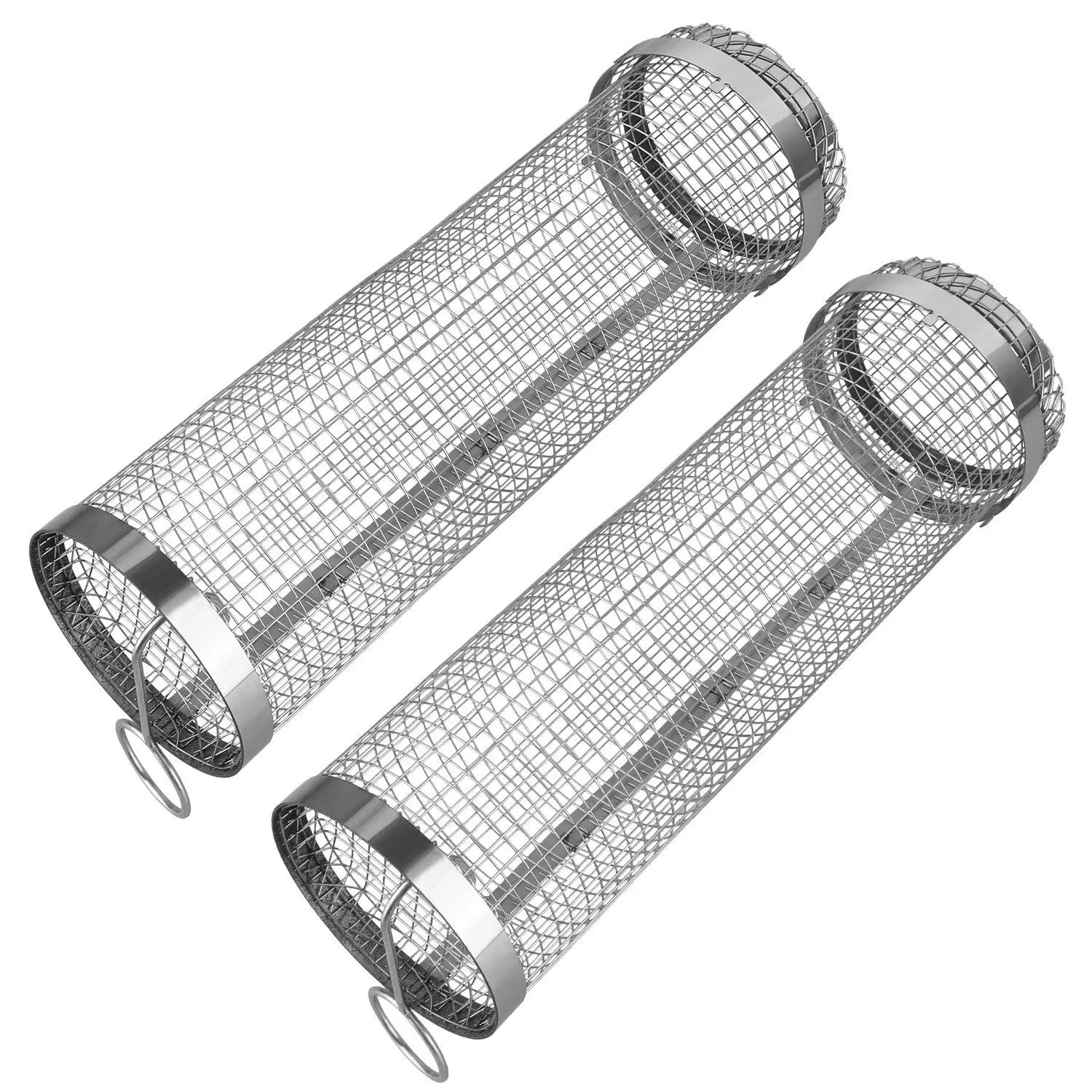 

For For 2Pcs 3.42x11.61Inch Portable BBQ Rolling Basket Round Stainless Steel Grill Mesh Barbecue Net Tube with Removable Cover