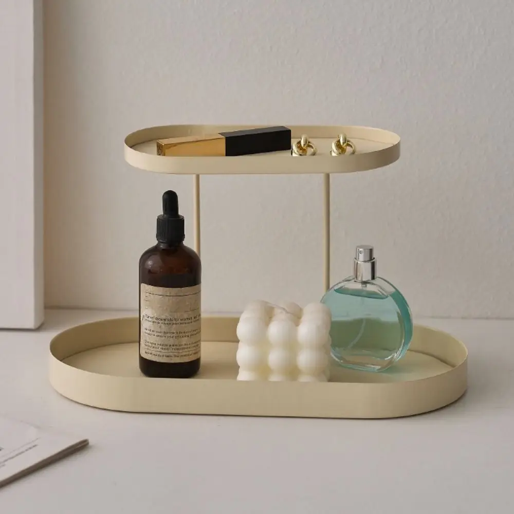 Iron Cosmetics Storage Rack with Leather Cushion Simple Desktop Tray Double-layer Creative Jewelry Display Plate Dresser