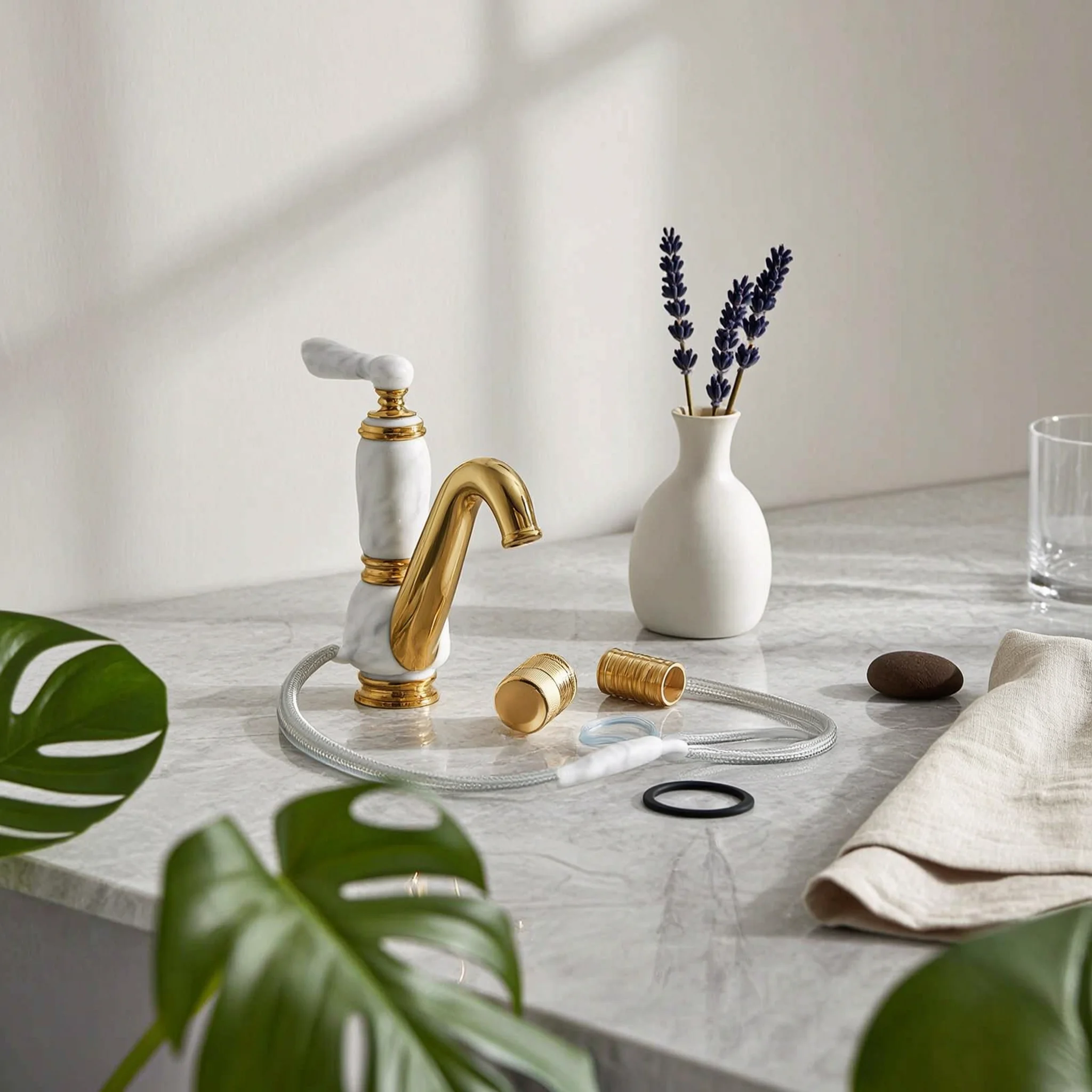 Faucet with Rotating Outlet Marble Textured Gooseneck Faucet Basin Tap Vintage 360 Degree Rotation for Bathroom, Powder Room