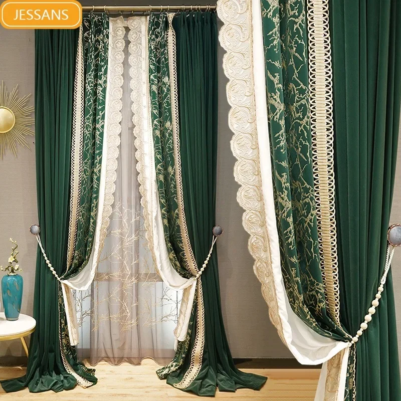 Vintage European American Light Patchwork Curtain Embroidered Shade Silk Flannelette Curtains for Living Dining Room Bedroom