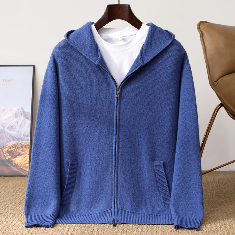 

100% Cashmere Coat Men's Knit Hooded Zipper Cardigan Autumn/Winter New Business Casual Large Size Sweater Men's Clothing Jacket