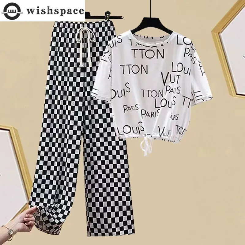 Fashion Women's Set for Spring and Summer New Korean Version Short T-shirt Top+slimming Wide Leg Pants Two-piece Set
