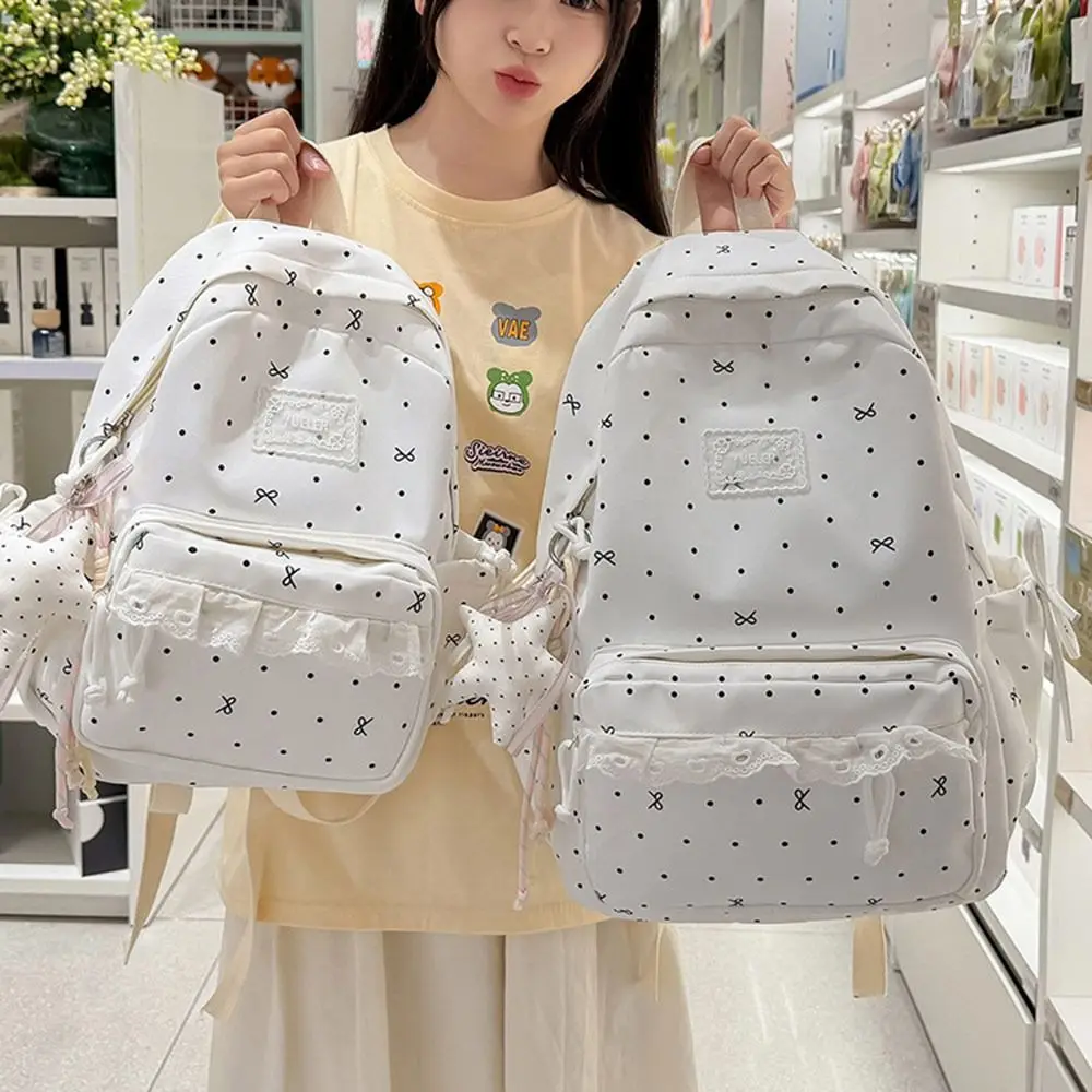 Large Capacity Campus Backpack Bowknot Polka Dot Commute Backpack Preppy Style Design Soft Nylon Material Nylon Knapsack