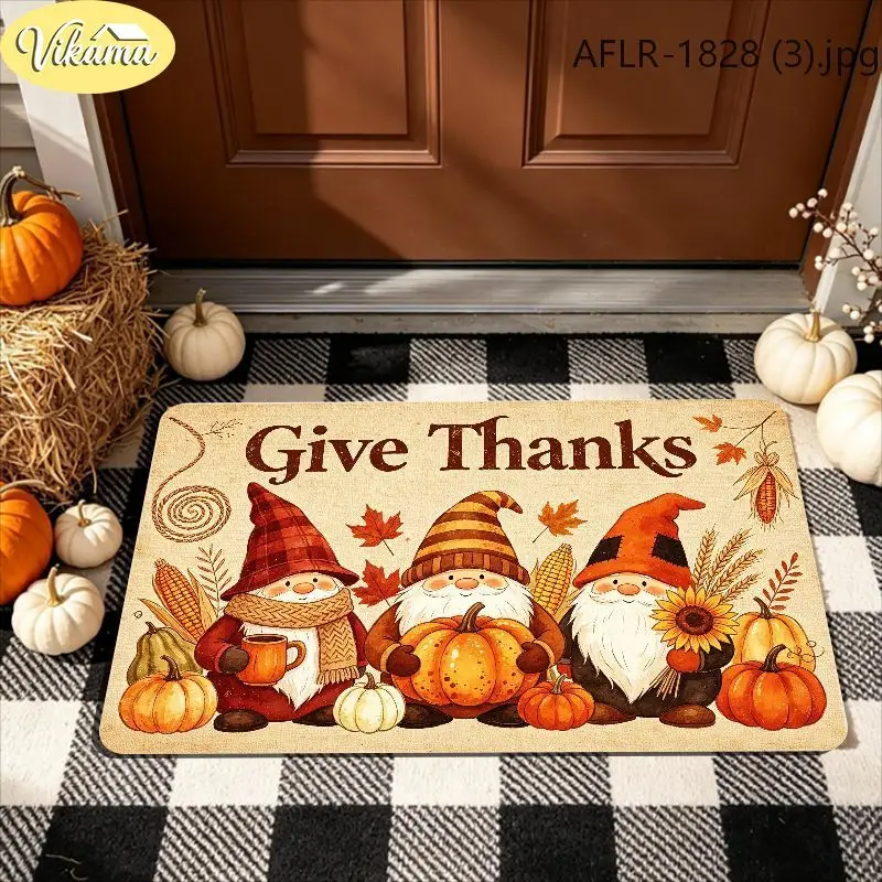 VIKAMA Give Thanks Doormat Fall Gnomes Pumpkins Sunflowers Thanksgiving Harvest Welcome Mat Entryway Rug Front Porch Decor